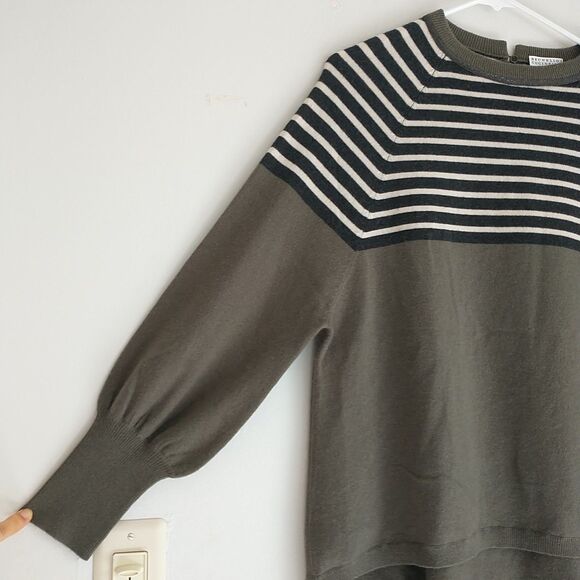 Brunello Cucinelli Sweater Womens S Green Gray Striped Cashmere Beaded Italy - Picture 3 of 11
